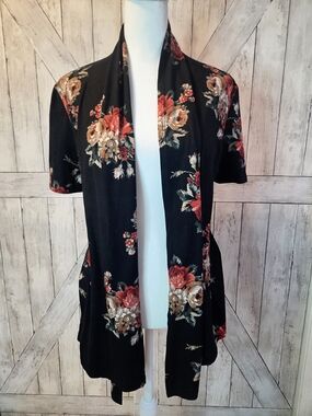 MOA USA Black Floral Open Front Cardigan